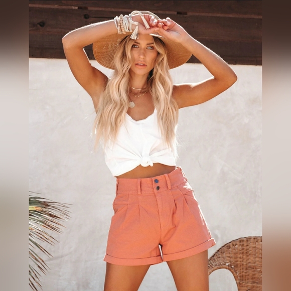 Twelve by Twelve Pants - VICI COLLECTION DOLAN POCKETED HIGH RISE DENIM SHORTS (CLAY)